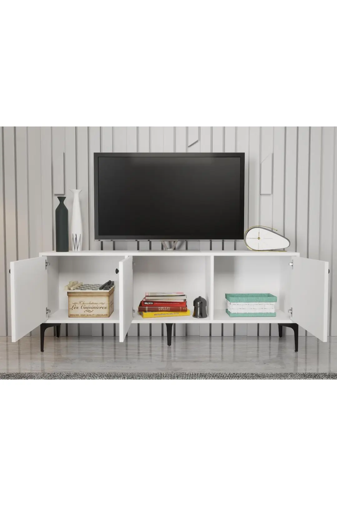 Bello 160 Cm Metal Ayaklı Tv Ünitesi - Konsol - Beyaz / Siyah